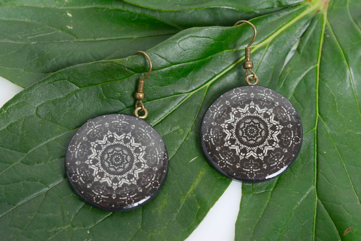 Designer earrings made of polymer clay with decoupage handmade black accessory photo 4
