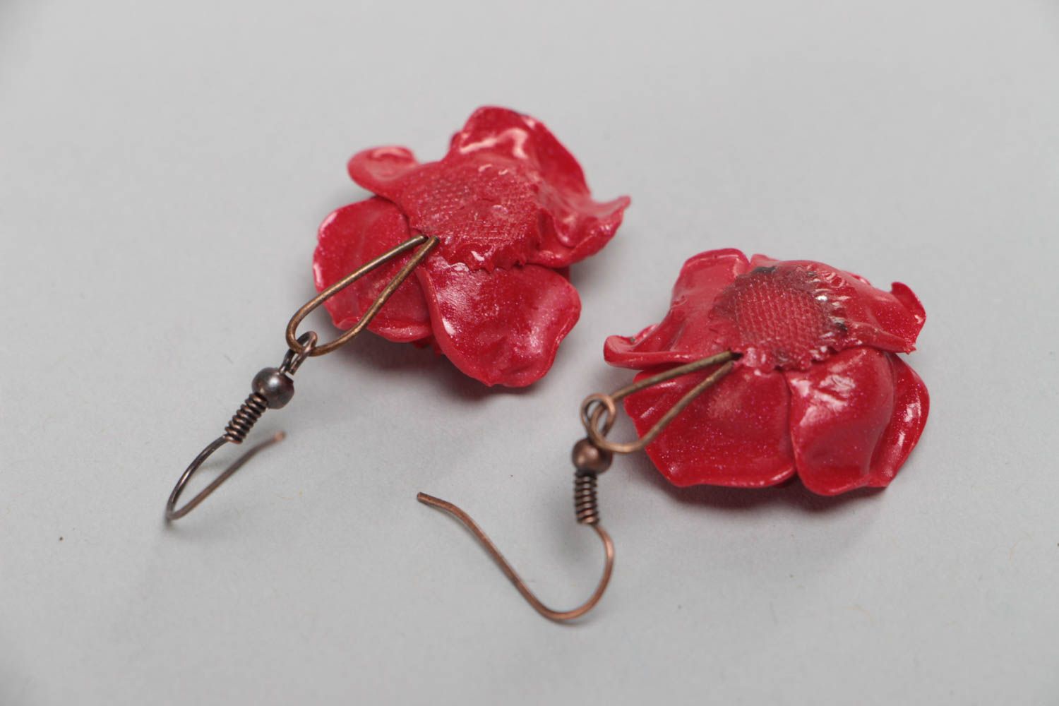 Серьги цветы из полимерной глины маки красные крупные красивые ручной работы фото 4
