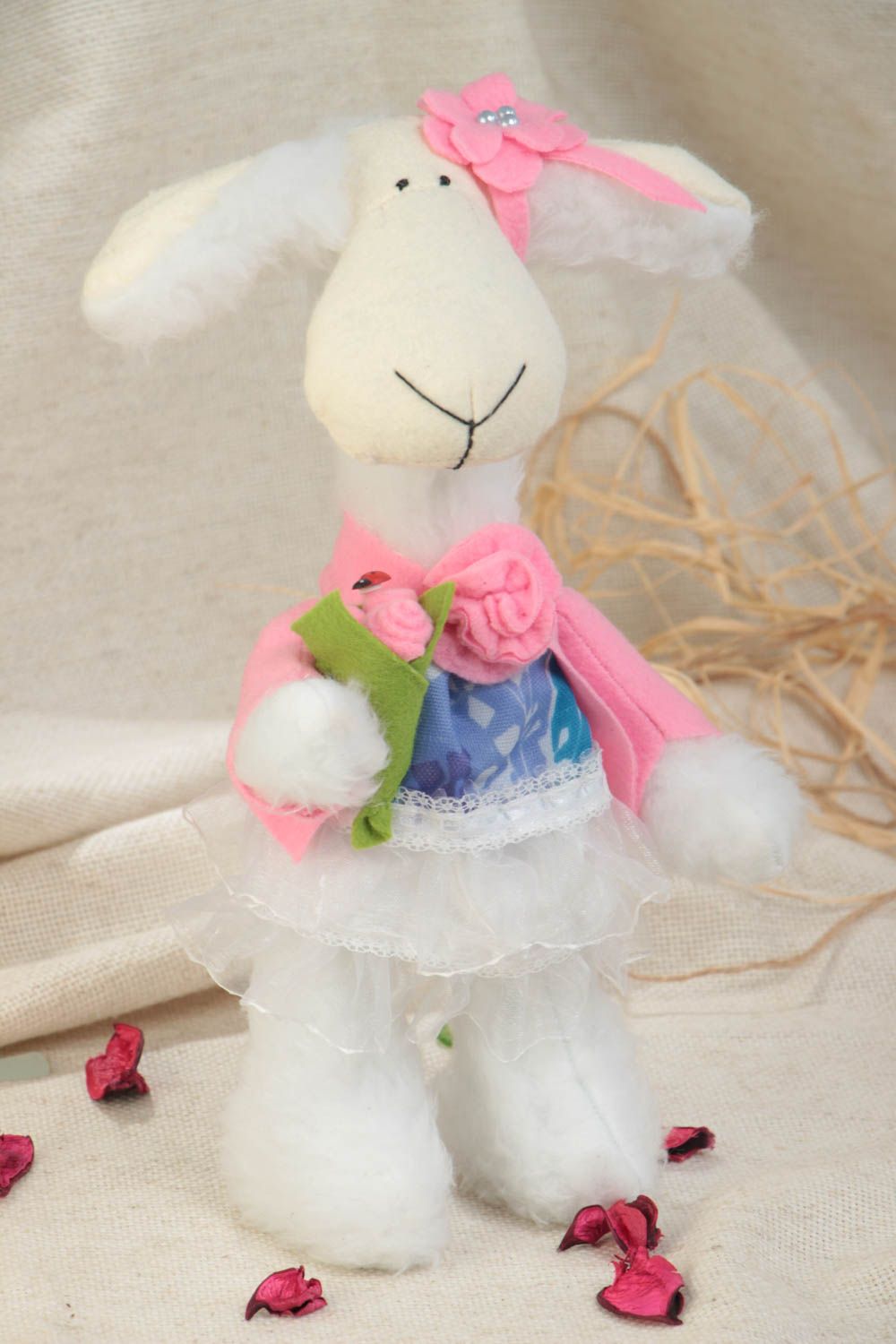 Handmade designer soft toy sewn of faux fur cute lamb girl in pink jacket photo 1