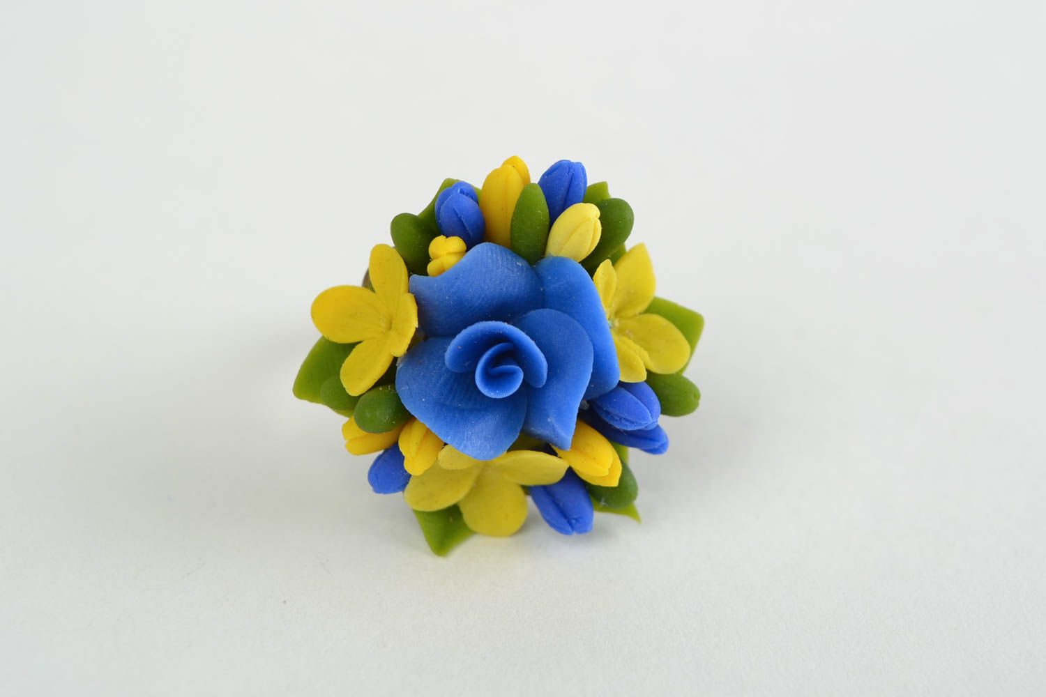Blue and yellow handmade designer cold porcelain flower ring photo 2