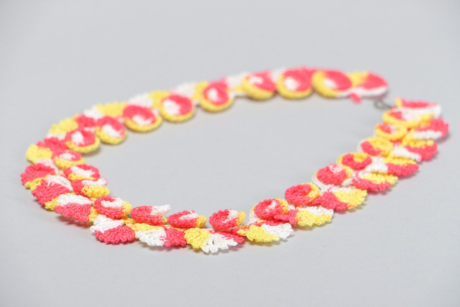 Handmade necklace crocheted of cotton pink and yellow color-blend threads  photo 3