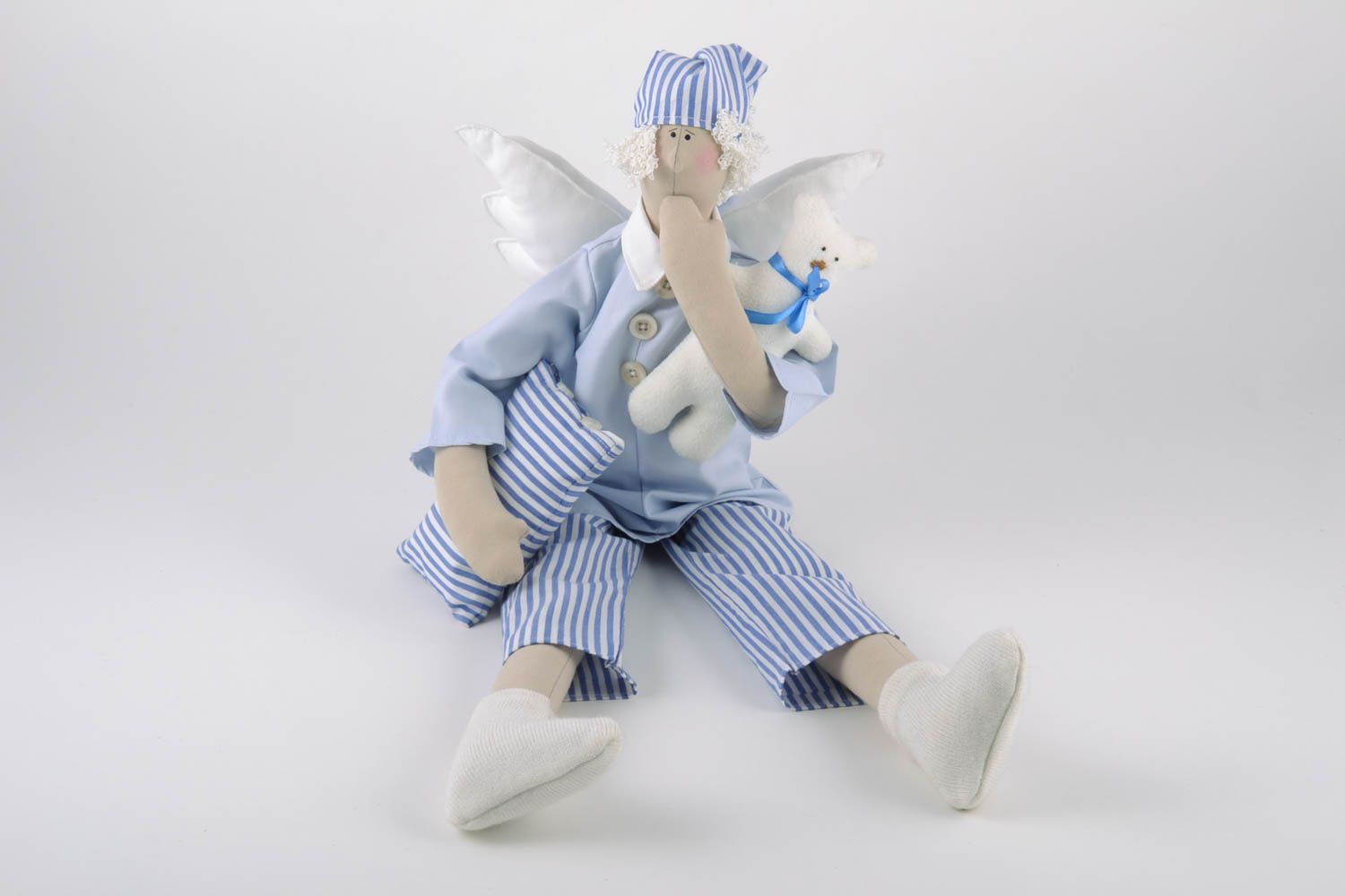 Handmade linen fabric soft toy angel in blue pajama with pillow and toy bear  photo 4
