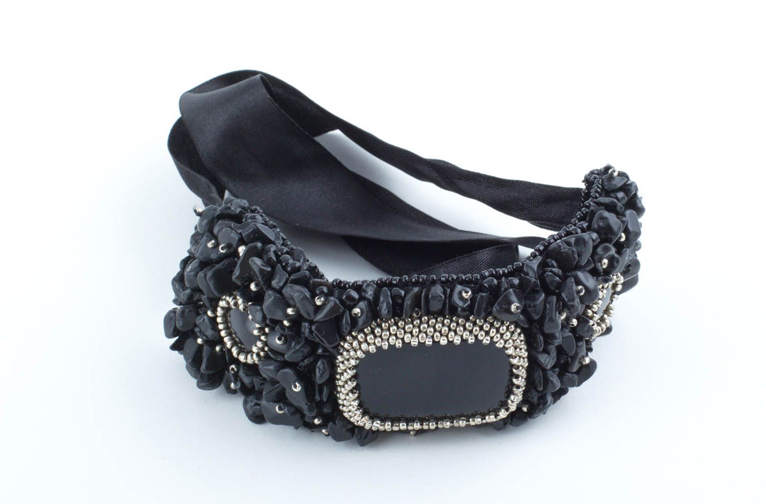 Bracelet large noir Accessoire fait main agate perles de rocaille Cadeau femme photo 4