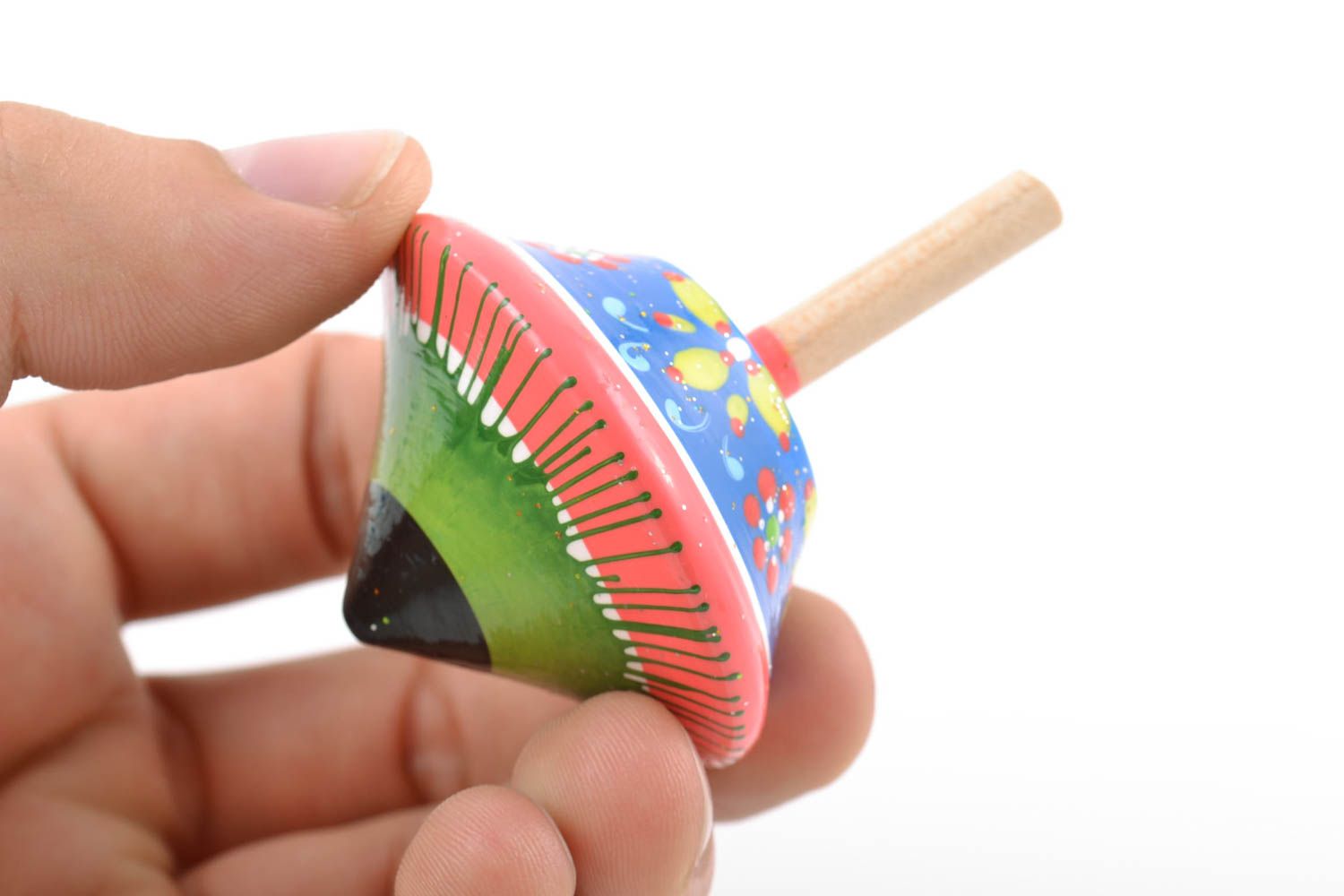 Pink handmade wooden spinning top toy painted with eco dyes photo 2
