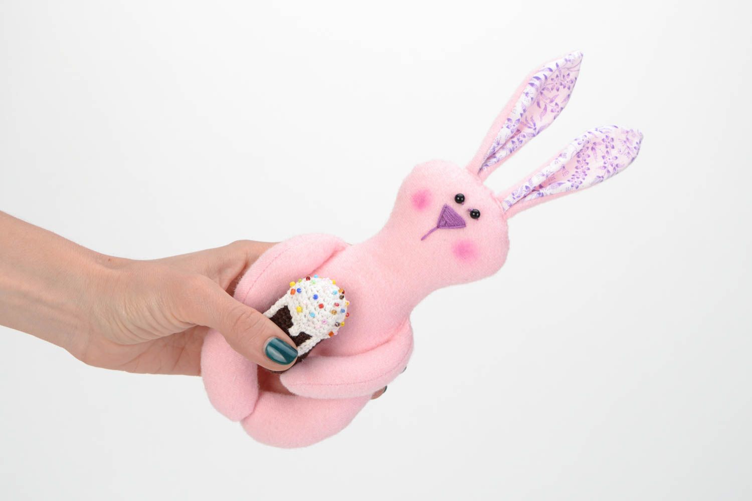 Текстильный заяц с куличом игрушка ручной работы розовая пасхальная красивая фото 2