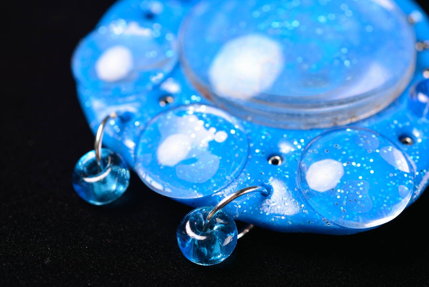 Pendentif pate polymere Bijou fait main Accessoire femme bleu design avec verre photo 3