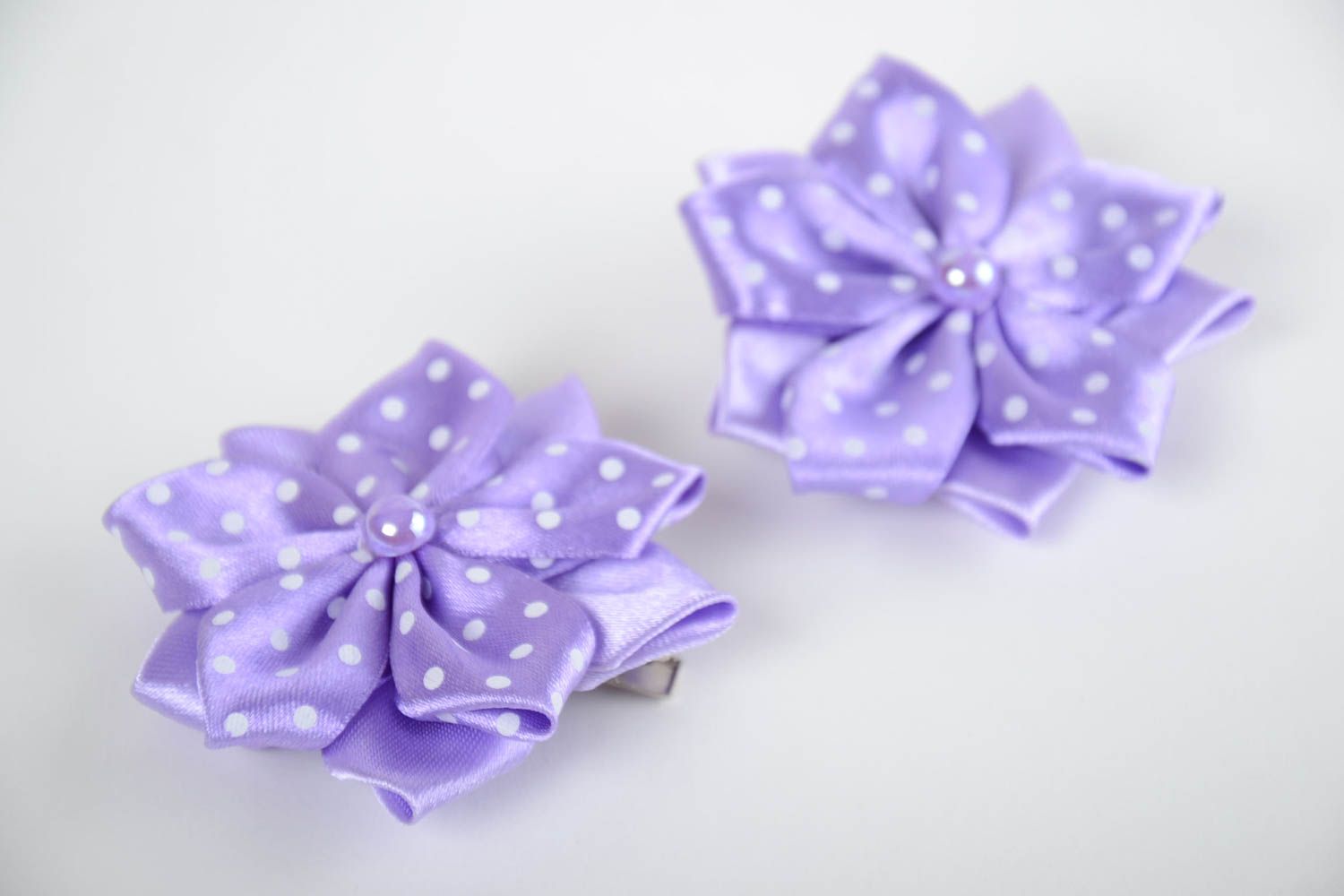 Set of handmade violet textile flower barrettes for children 2 pieces photo 5