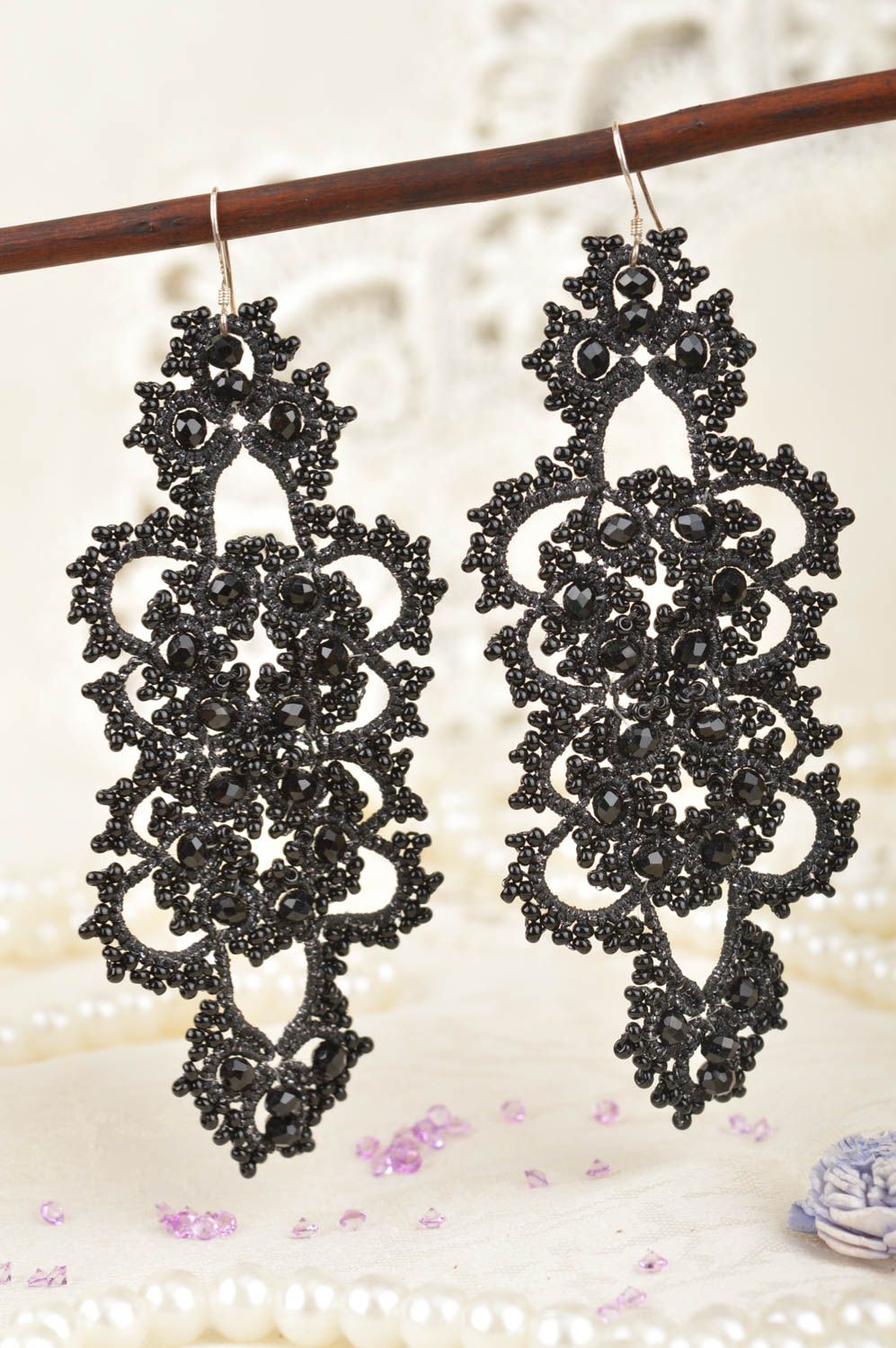 Beautiful black handmade designer tatting lace earrings with beads and crystals photo 1
