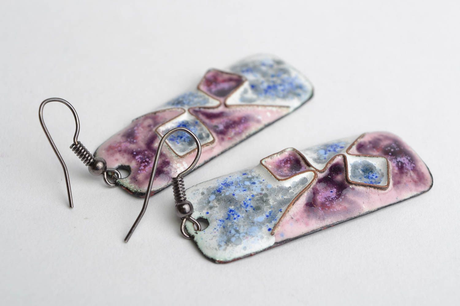 Handmade tender blue and violet enameled copper rectangular earrings Diagonal photo 3