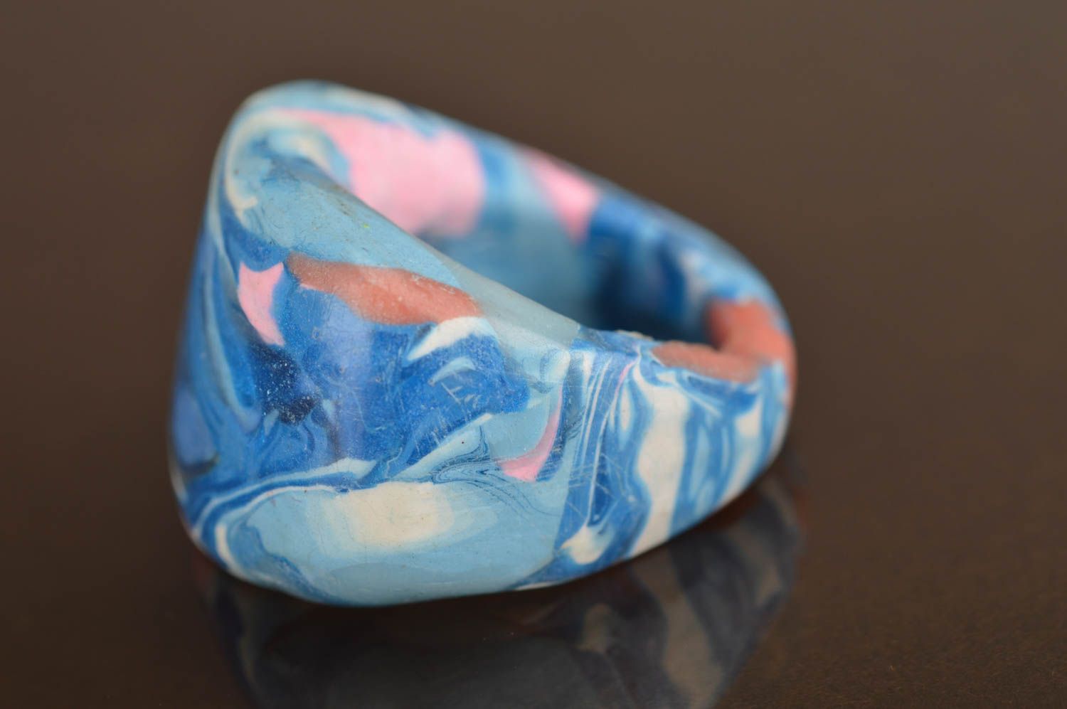 Designer handmade polymer clay ring in blue tones decorative summer accessory photo 5