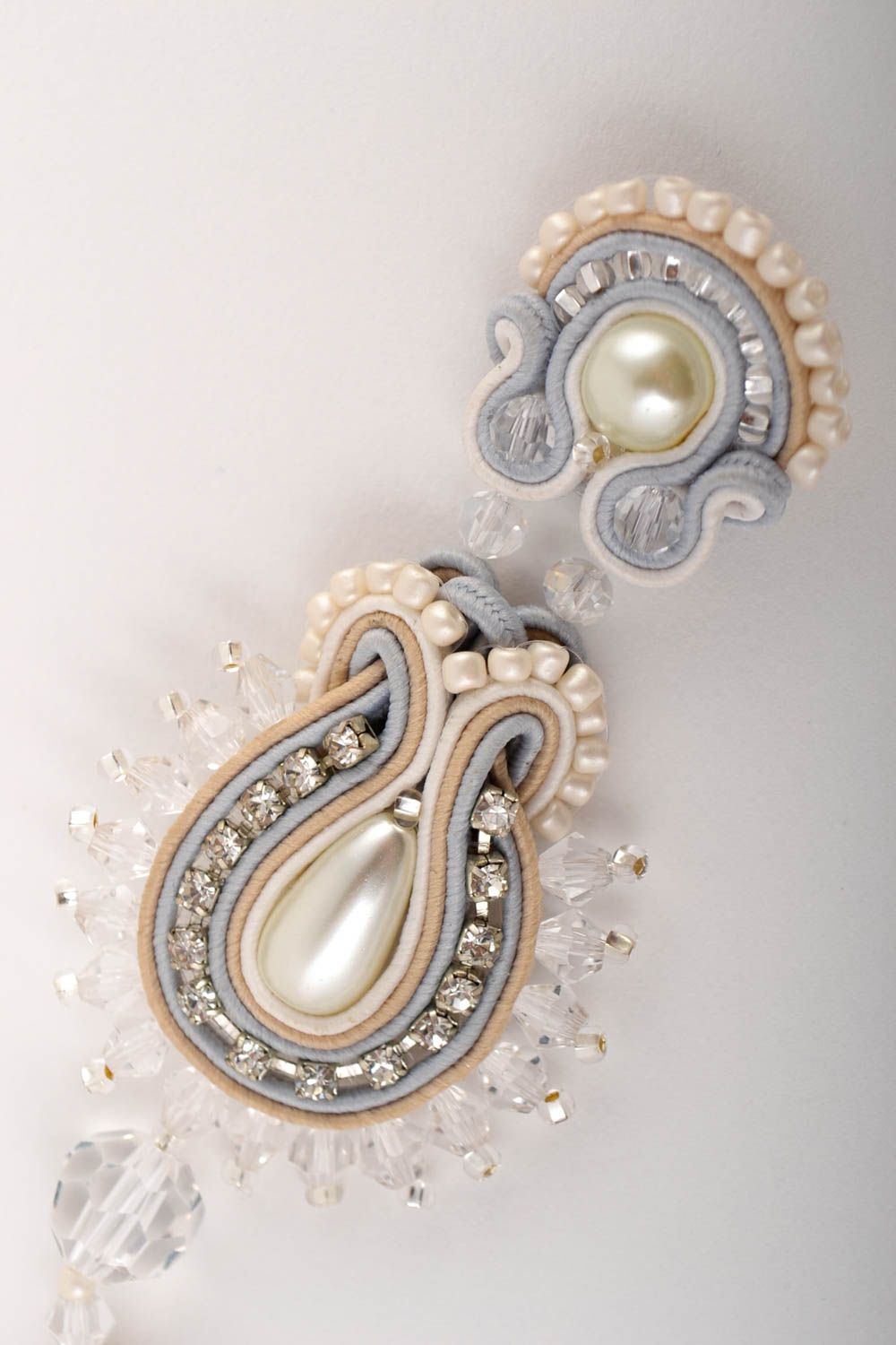 Handmade soutache earrings designer dangling earrings white festive jewelry photo 2