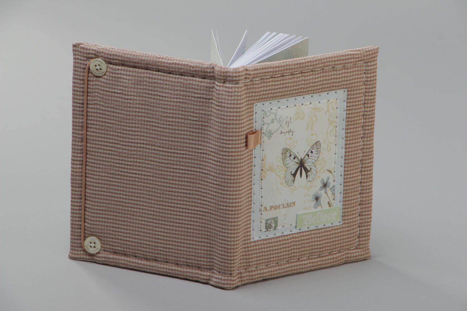 Cuaderno de notas hecho a mano con funda textil a cuadros de color marrón claro foto 3