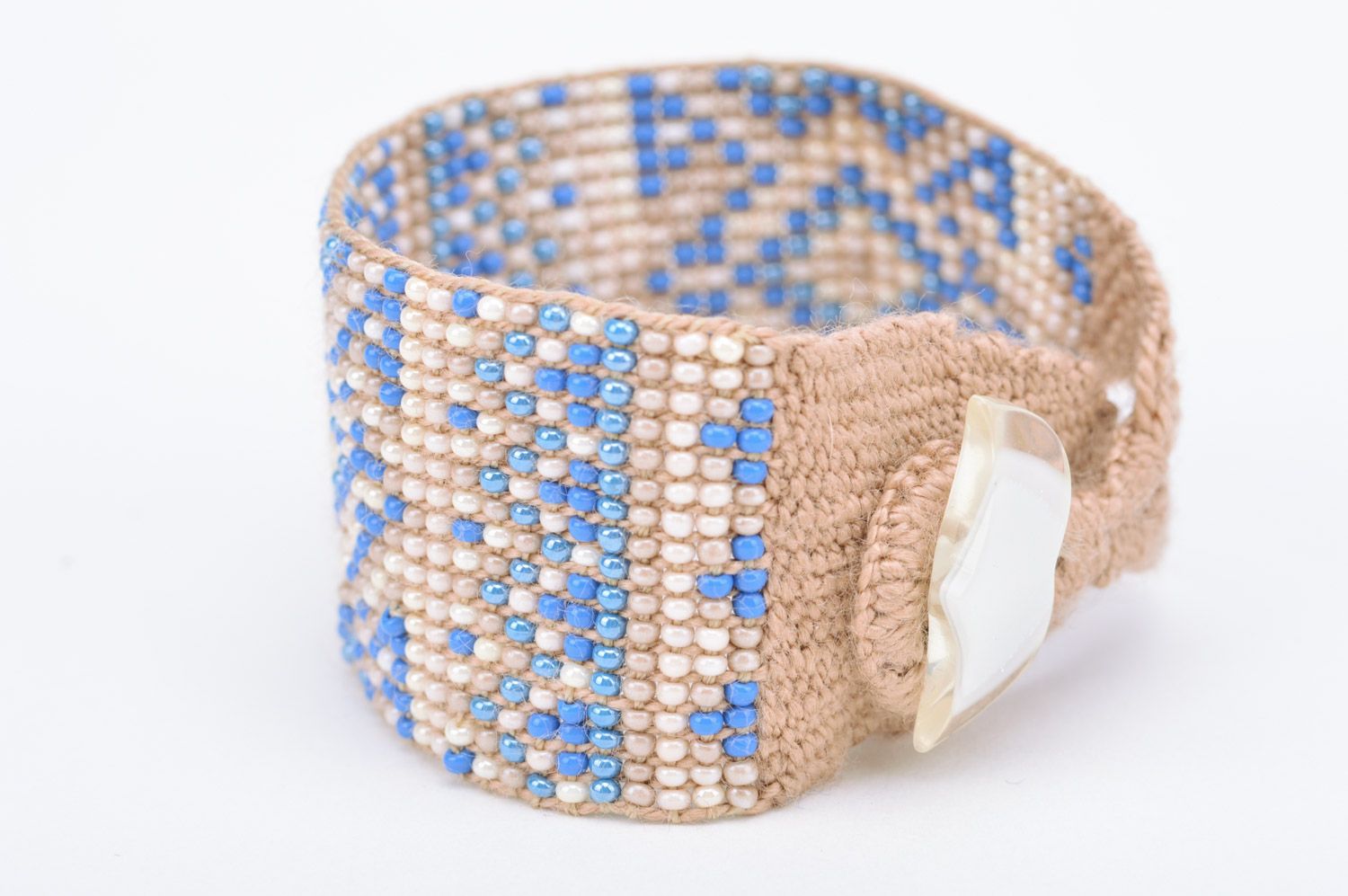 Handmade broad wrist bracelet woven of beige and blue beads with ornament photo 5