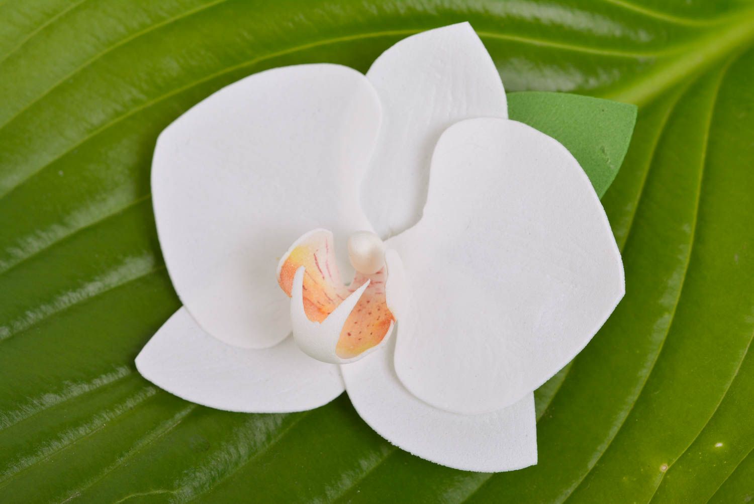 Magnificent designer hair clip with handmade foamiran flower white orchid photo 1