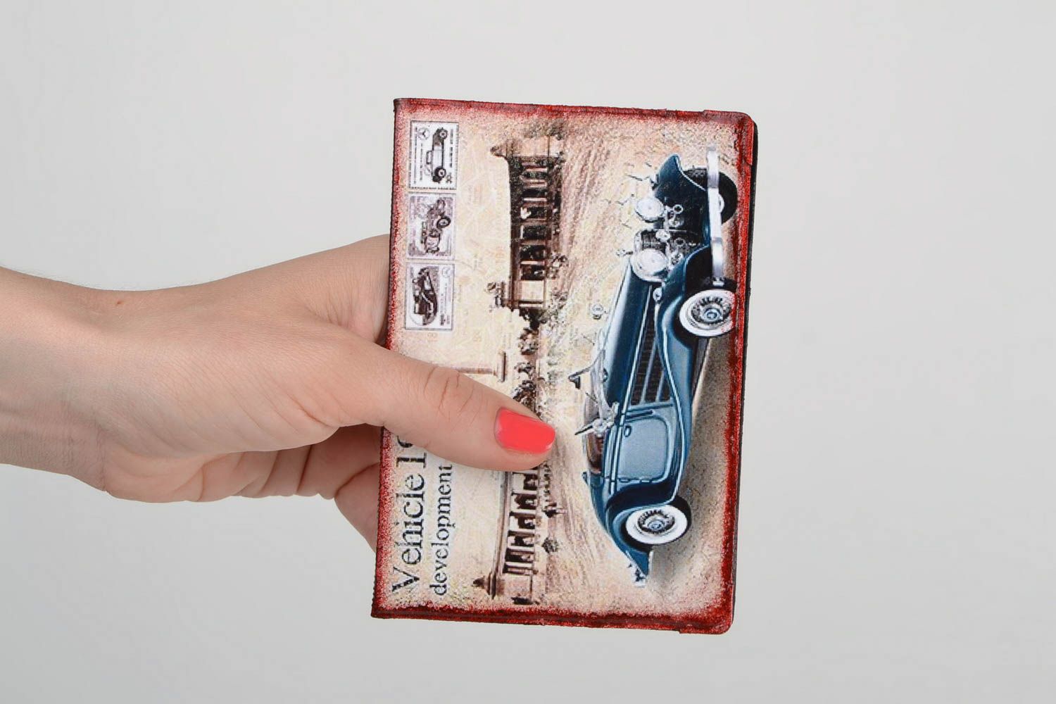 Handmade faux leather passport cover with decoupage in retro style Automobile photo 2