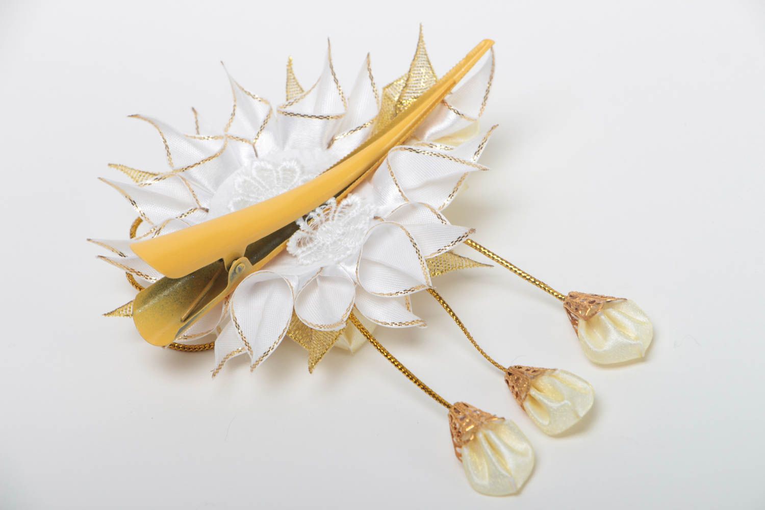 Beautiful handcrafted fower barrette unusual textile hair clip kanzashi flower photo 4