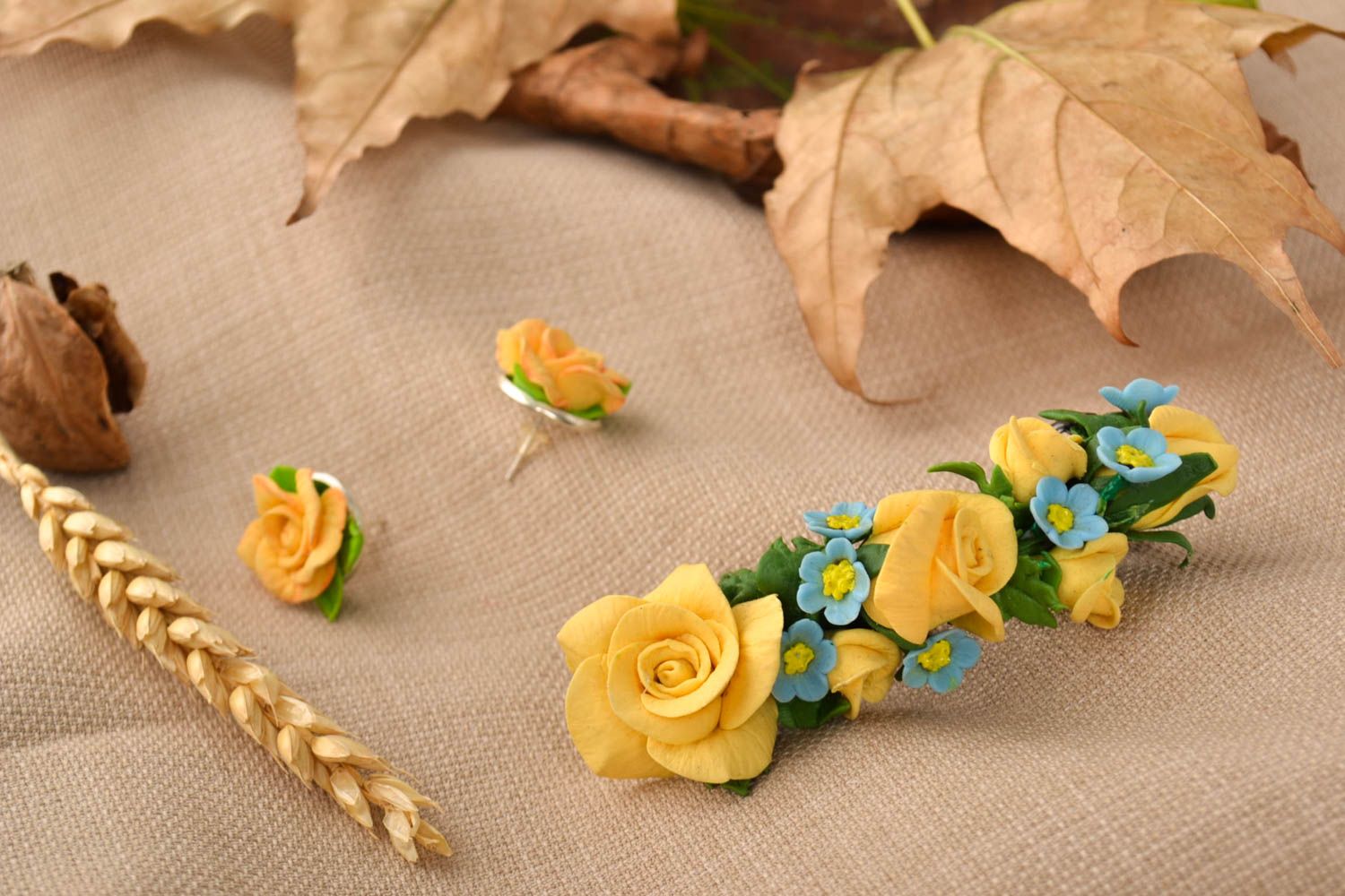 Schmuck Set handmade Blumen Ohrringe in Gelb Haar Spange Mode Accessoires schön foto 1