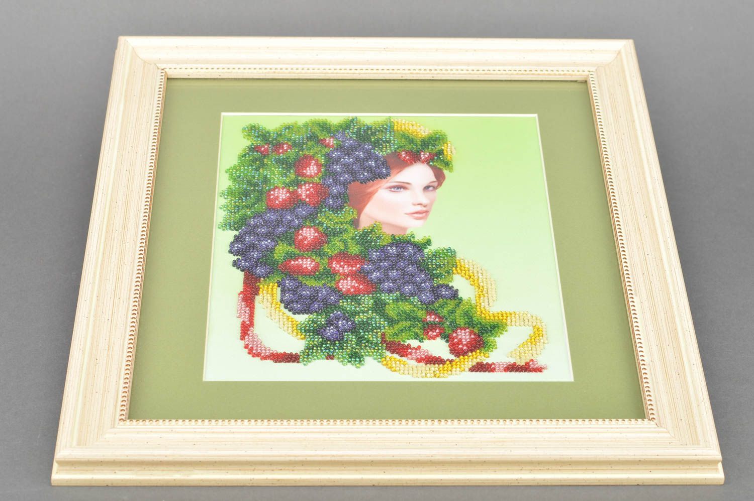 Beautiful handmade wall hanging bead embroidery in frame under glass Girl photo 2
