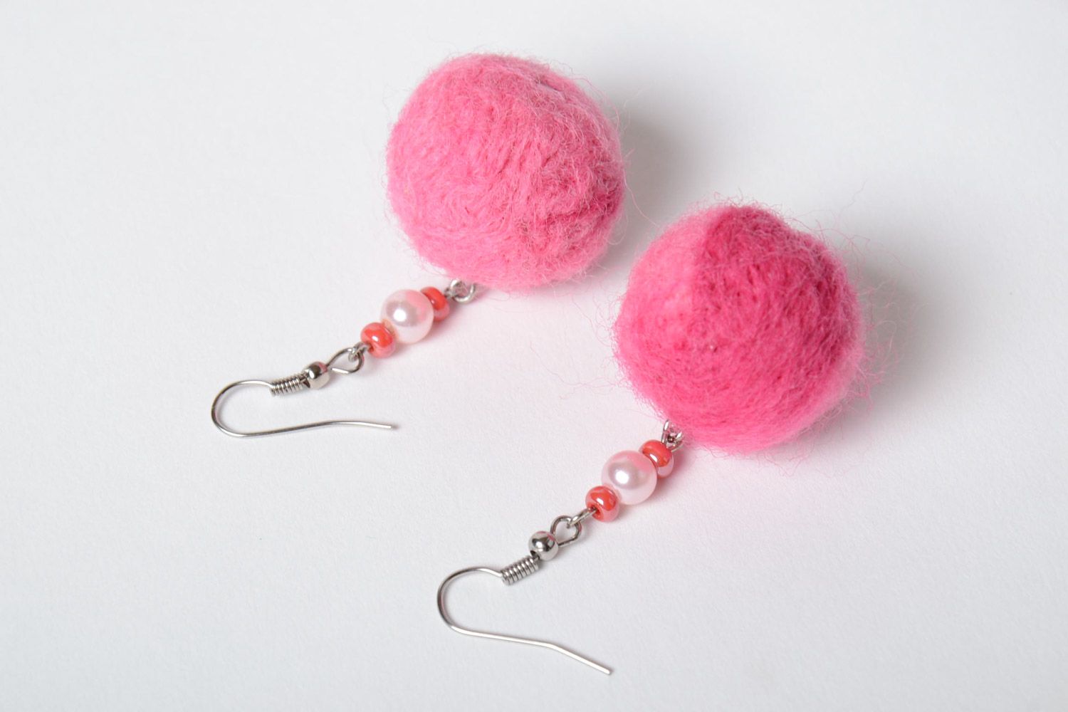 Pink soft handmade felted wool ball earrings for girls photo 3