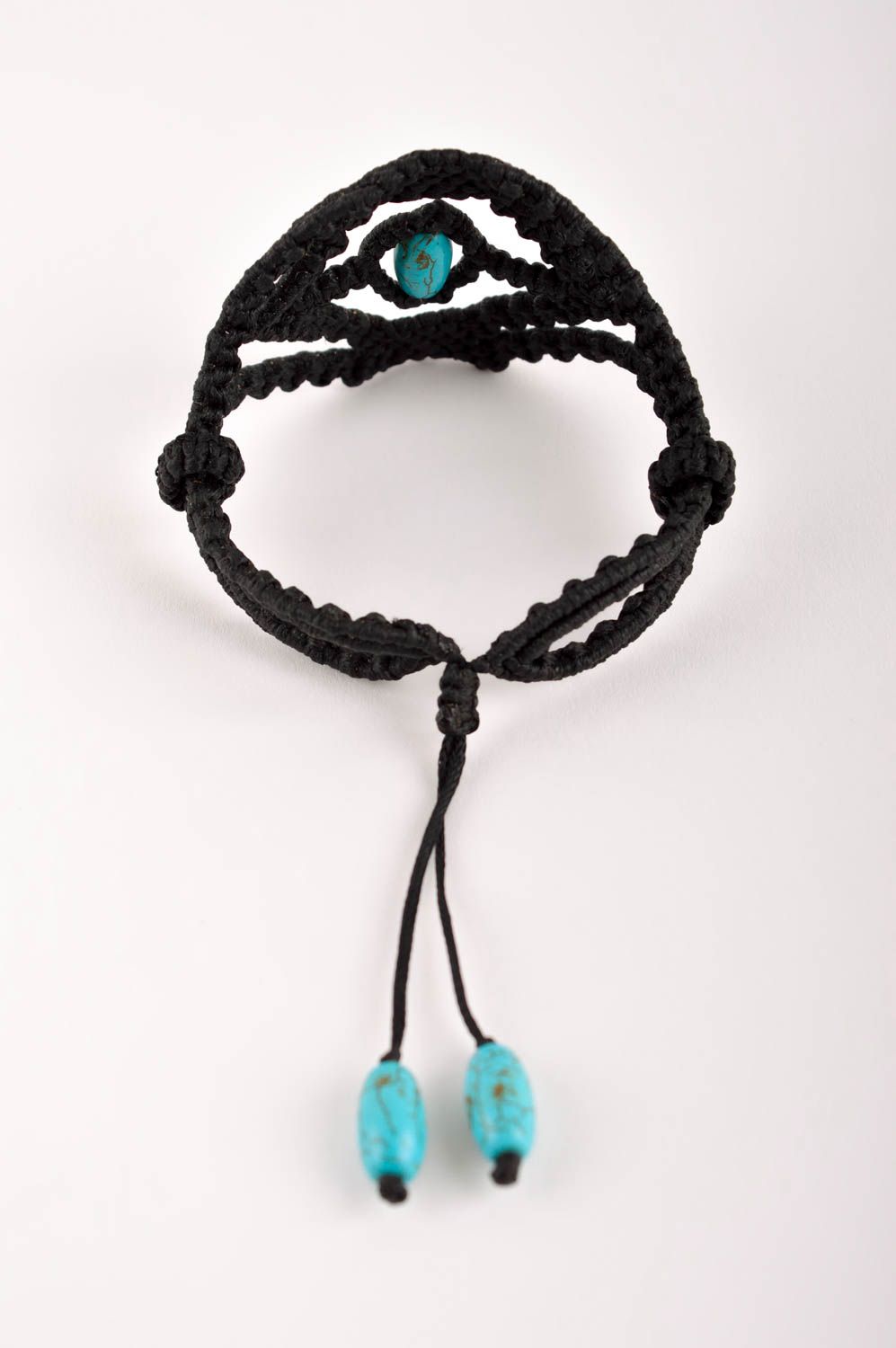 Модный браслет украшение ручной работы черный браслет из ниток с бирюзой фото 4