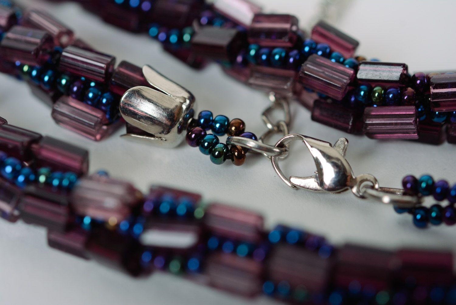 Beautiful dark violet designer handmade necklace woven of beads for women photo 3