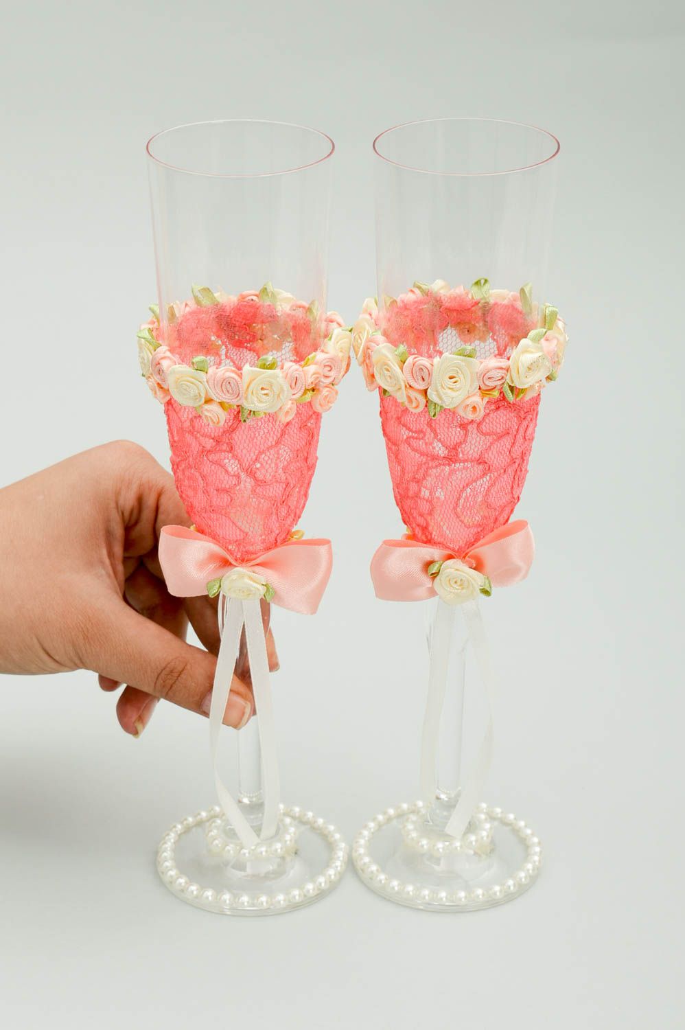Свадебные бокалы ручной работы свадебные фужеры красивые бокалы розовые фото 5