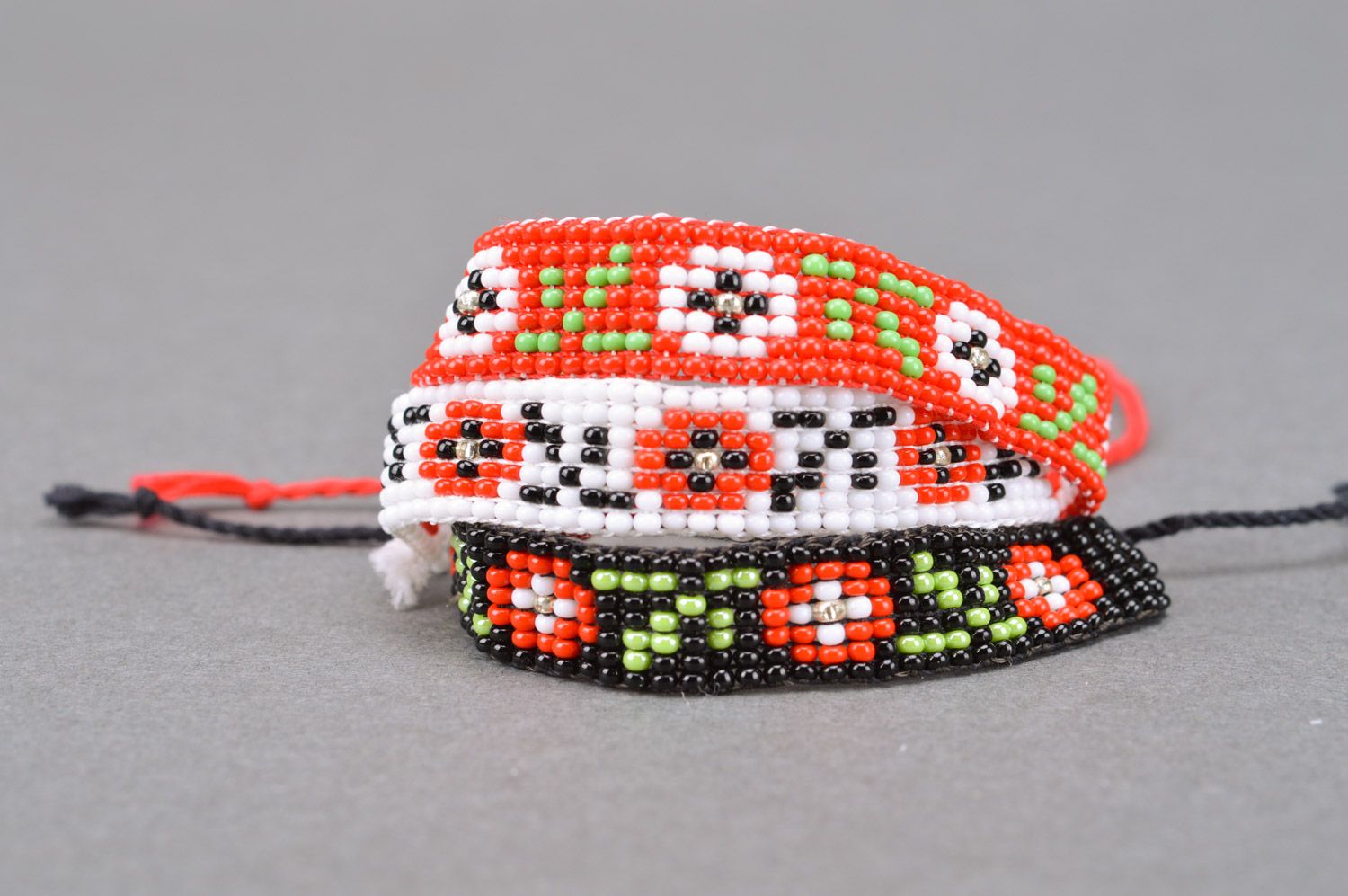 Set of beautiful handmade woven bead bracelets 3 items red black and white photo 5