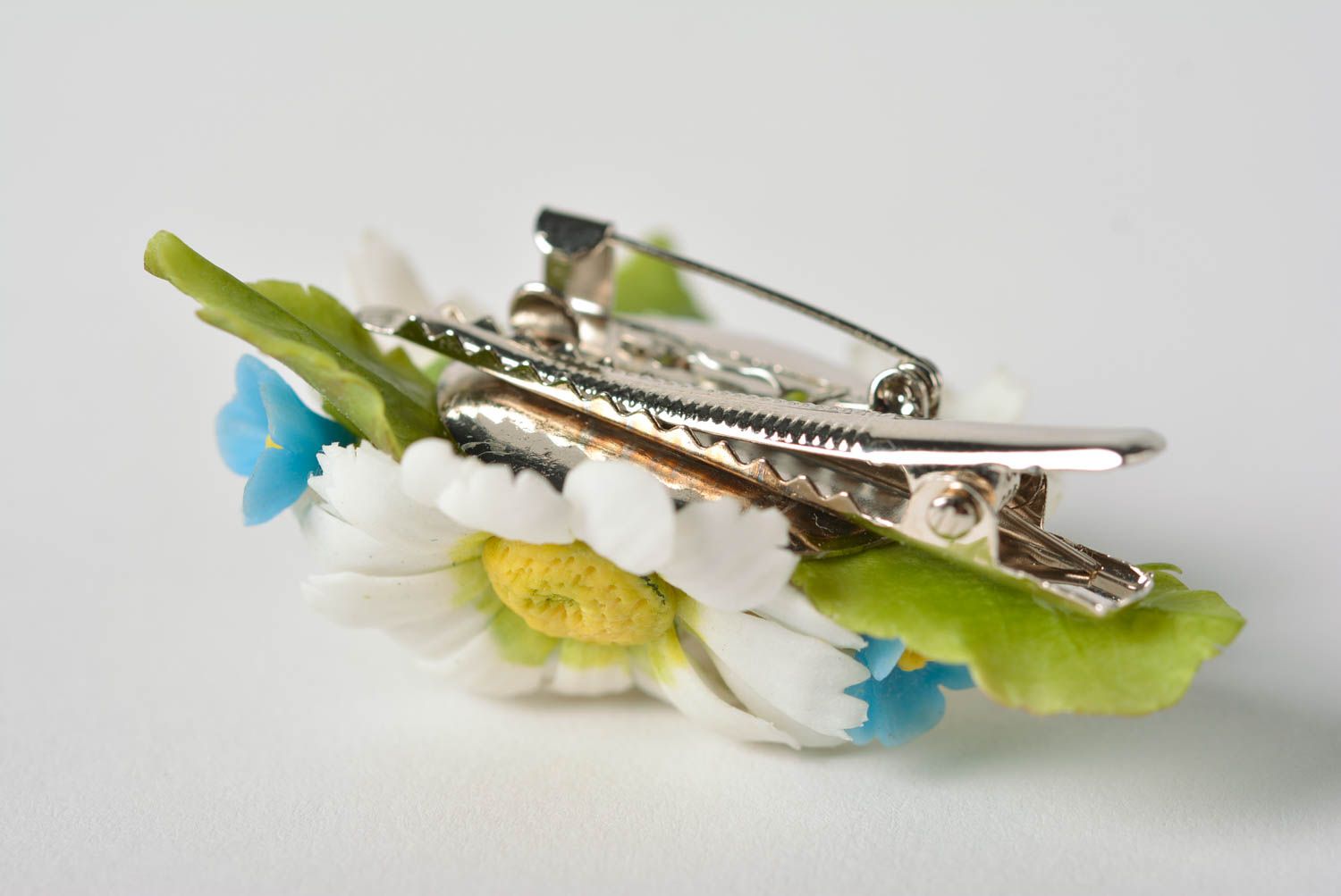 Small handmade designer flower brooch hair clip molded of polymer clay photo 4