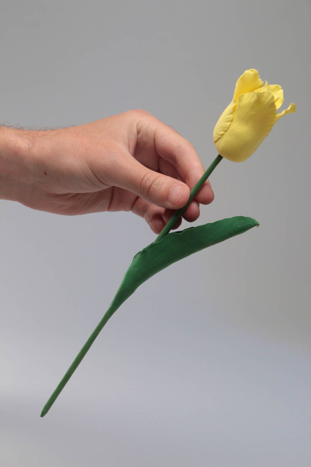 Decorative handmade Japanese polymer clay flower with stalk Yellow Tulip photo 5