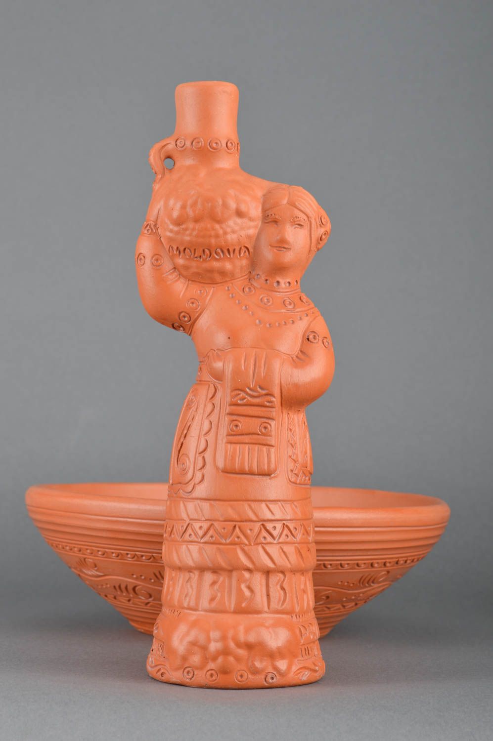 Set of handmade ethnic ceramic kitchenware fruit bowl 1.5 l and bottle 700 ml photo 4