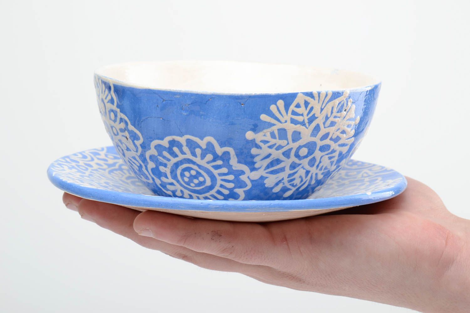 Handmade bowl with saucer for soup blue with white with patterns set of kitchen pottery photo 5