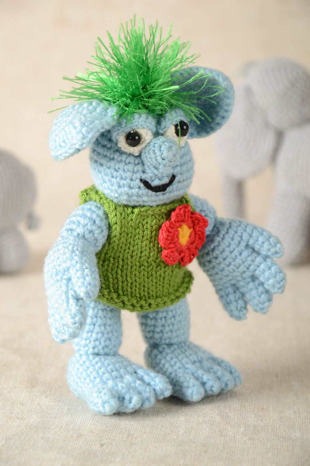 Peluche extraterrestre bleu Jouet fait main tricoté en coton Cadeau enfant photo 1
