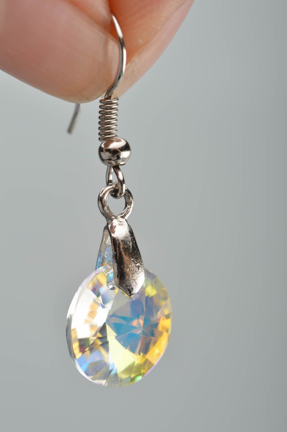 Handmade round designer dangling earrings with crystals Transparent Teardrop photo 3