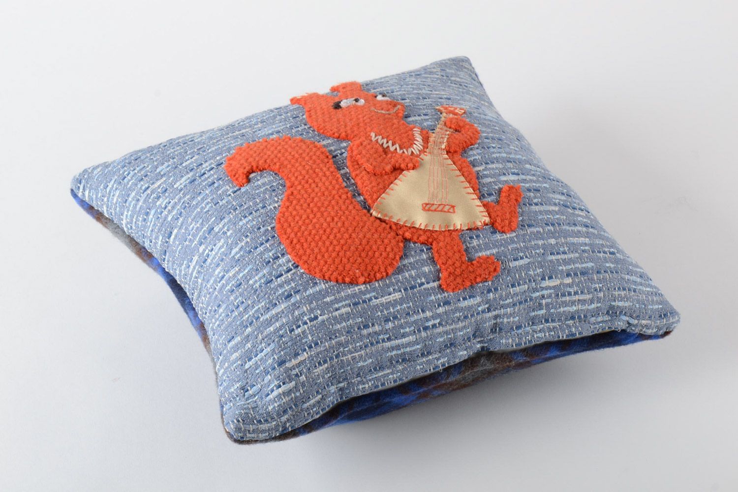 Handmade decorative fabric soft children cushion with applique in blue color photo 2