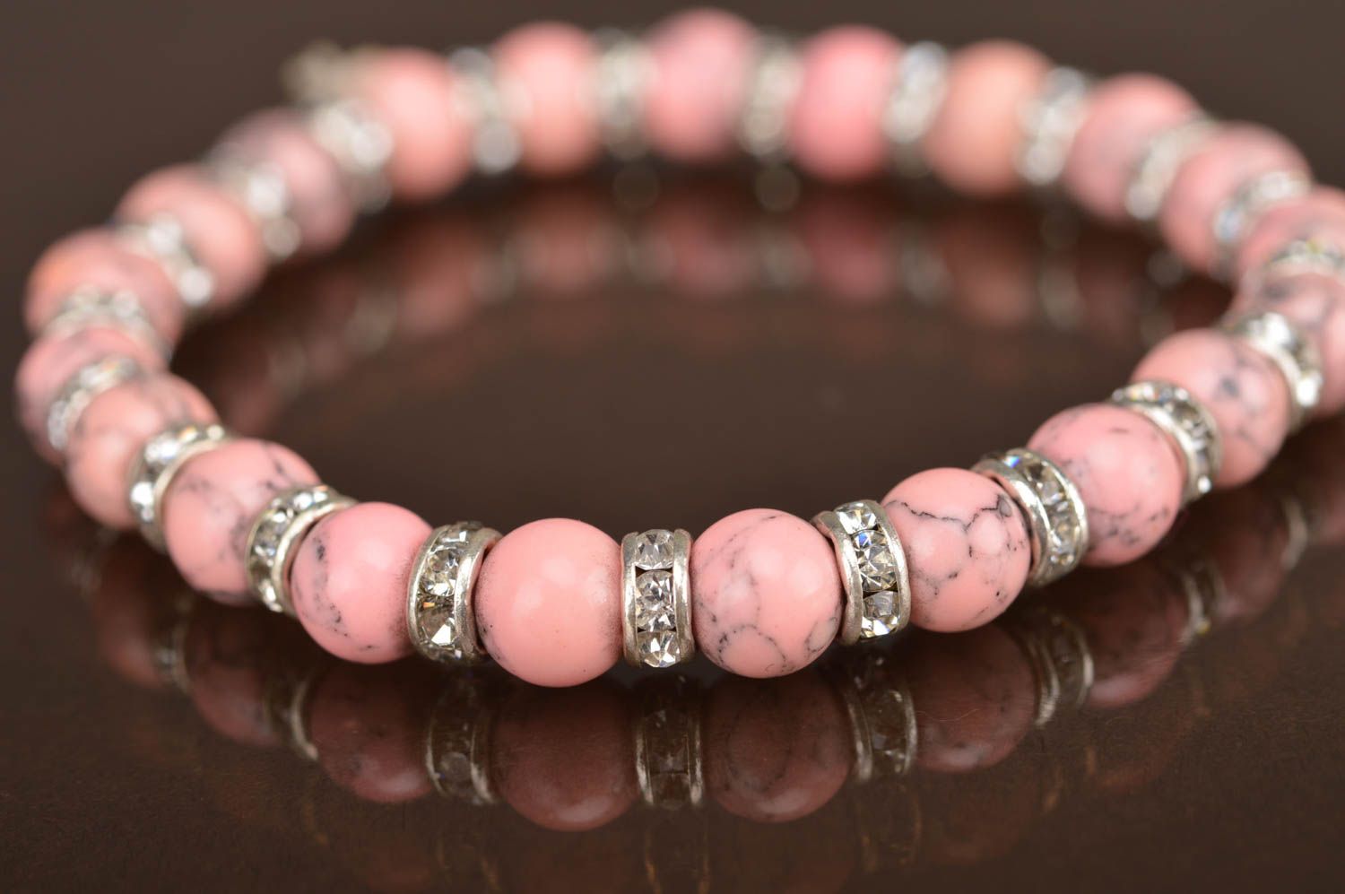Unusual handmade designer women's elastic wrist bracelet with pink beads photo 5