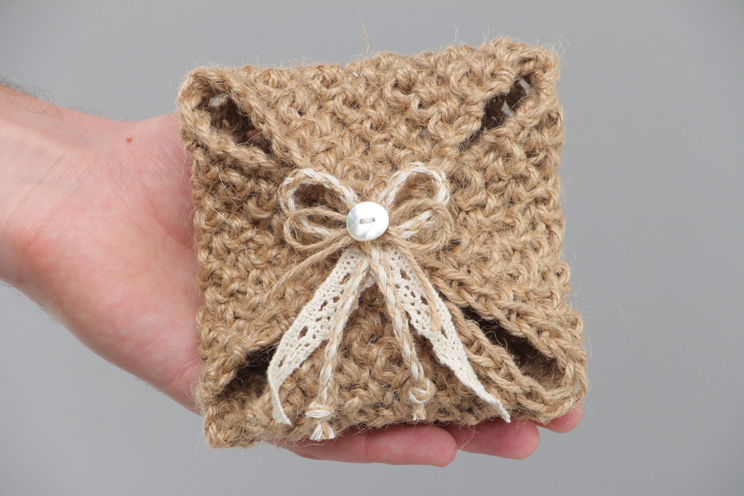 Handmade unusual wedding ring bearer pillow crocheted of jute with lace  photo 5