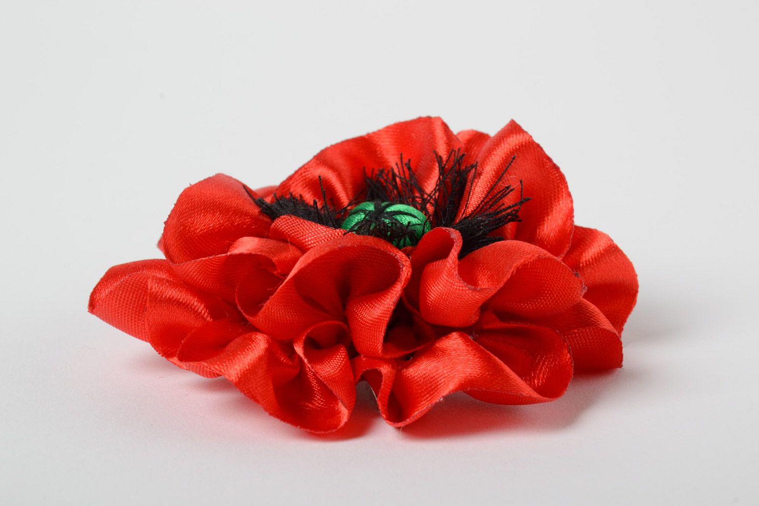 Handmade hair clip with bright red satin poppy flower for passionate girls photo 4