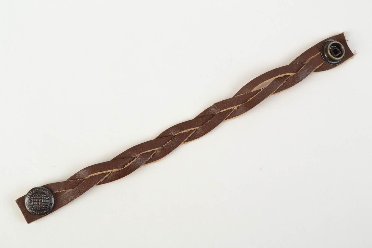 Beautiful handmade brown genuine leather woven wrist bracelet with stud fastener photo 5