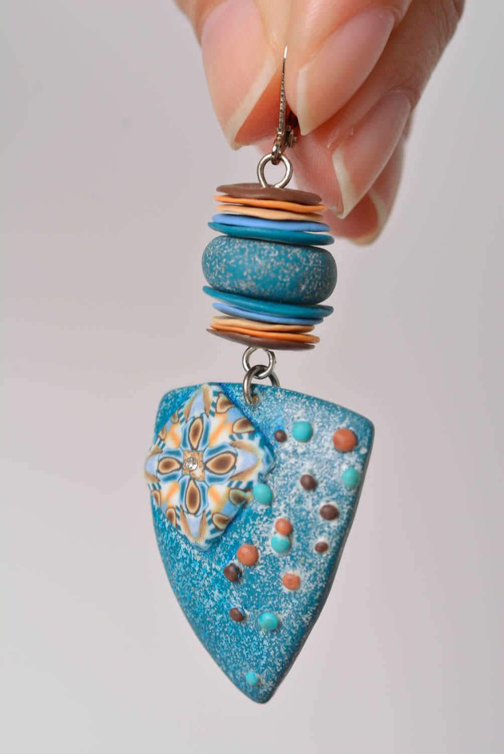 Handmade designer heart shaped blue polymer clay earrings photo 2