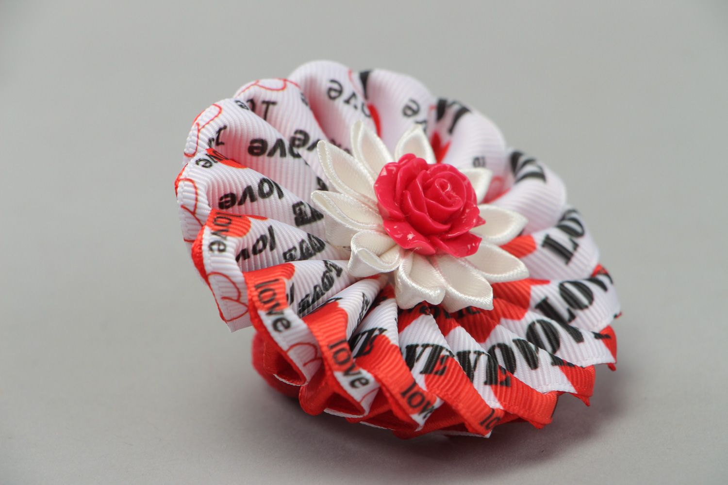 Festive handmade hair tie with satin and rep ribbons of red and white colors photo 1