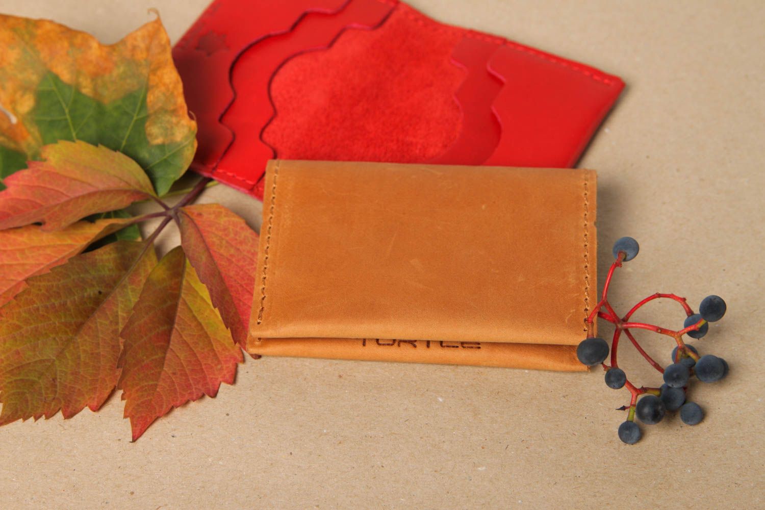 A beautiful, leather envelope-shaped business card holder