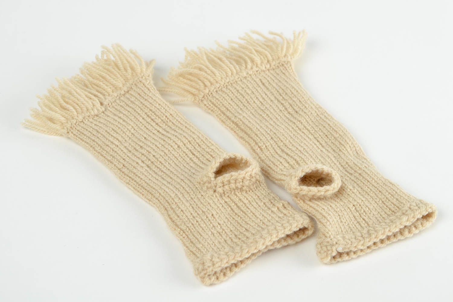 Mitaines tricot fait main Gants mitaines laine acrylique beige Accessoire femme photo 5