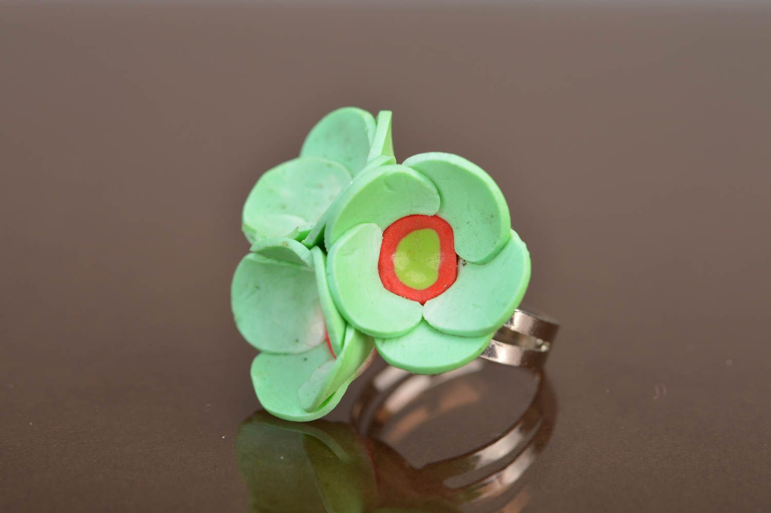 Handmade cute designer ring with tender green polymer clay water lily flowers photo 3