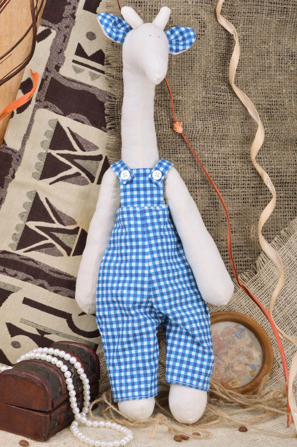 Nice handmade cotton fabric soft toy giraffe in checkered overalls photo 1