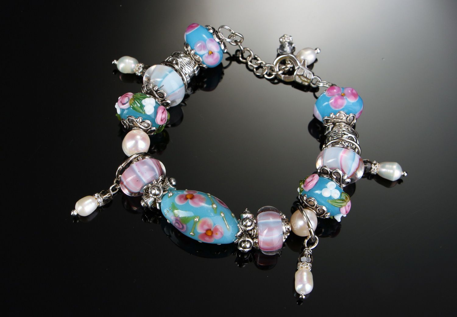 Bracelet fait main en perles d'eau douce et verre italien Shabby chic photo 2