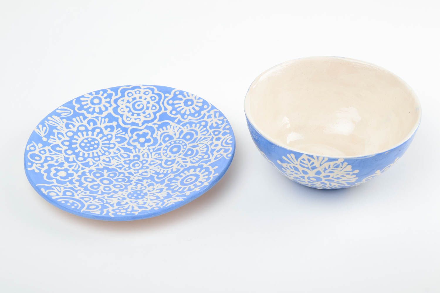 Handmade bowl with saucer for soup blue with white with patterns set of kitchen pottery photo 4