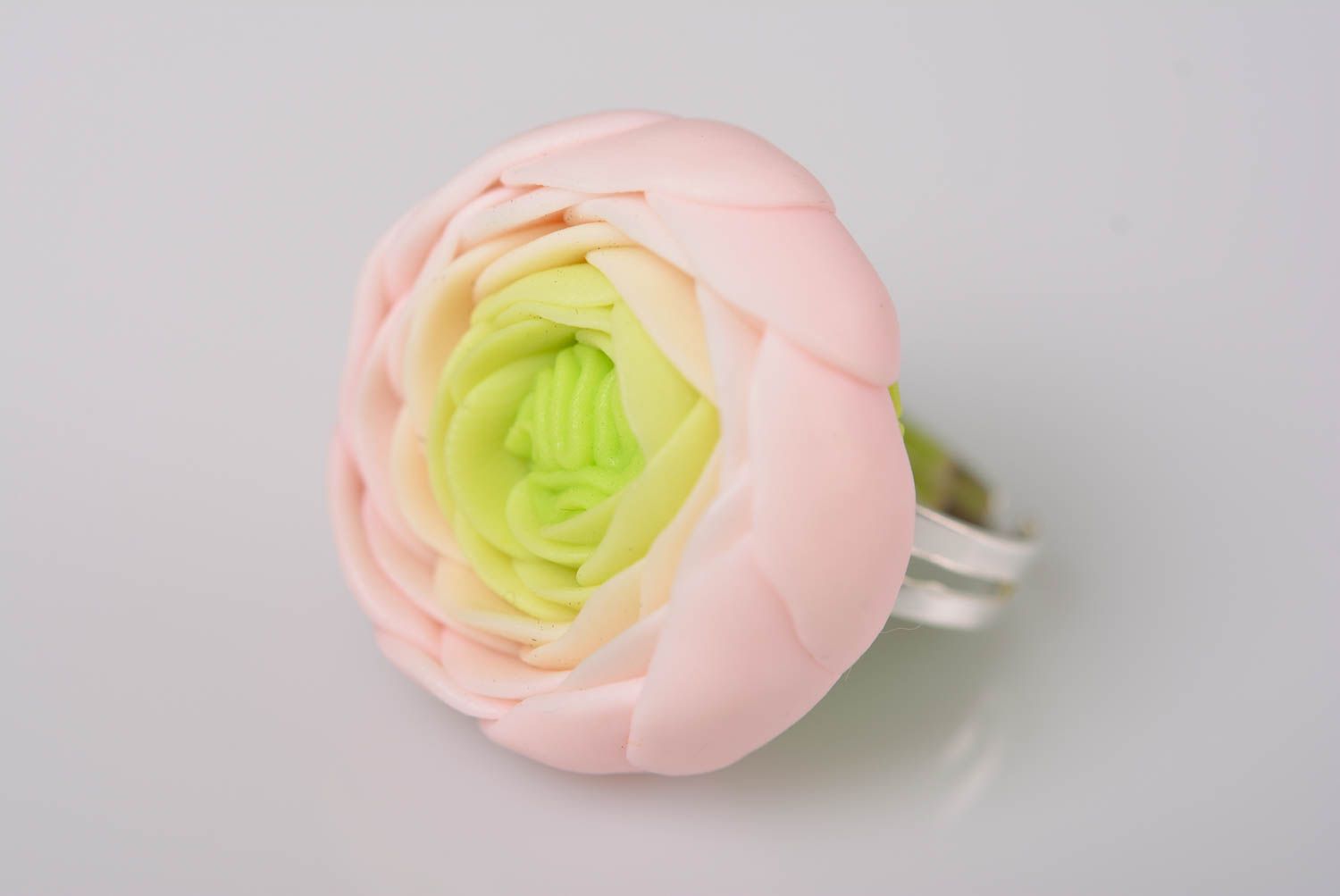 Handmade designer jewelry ring with metal basis and pink polymer clay flower photo 1