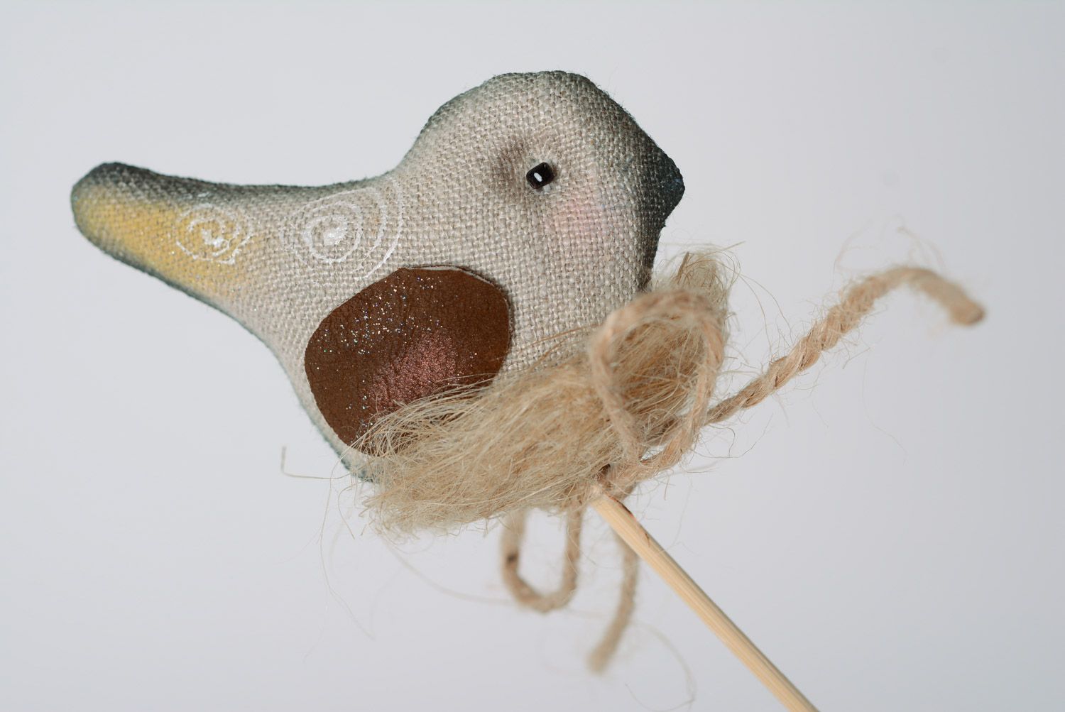 Handmade decorative flowerpot stick soft toy sewn of linen and painted Bird  photo 2