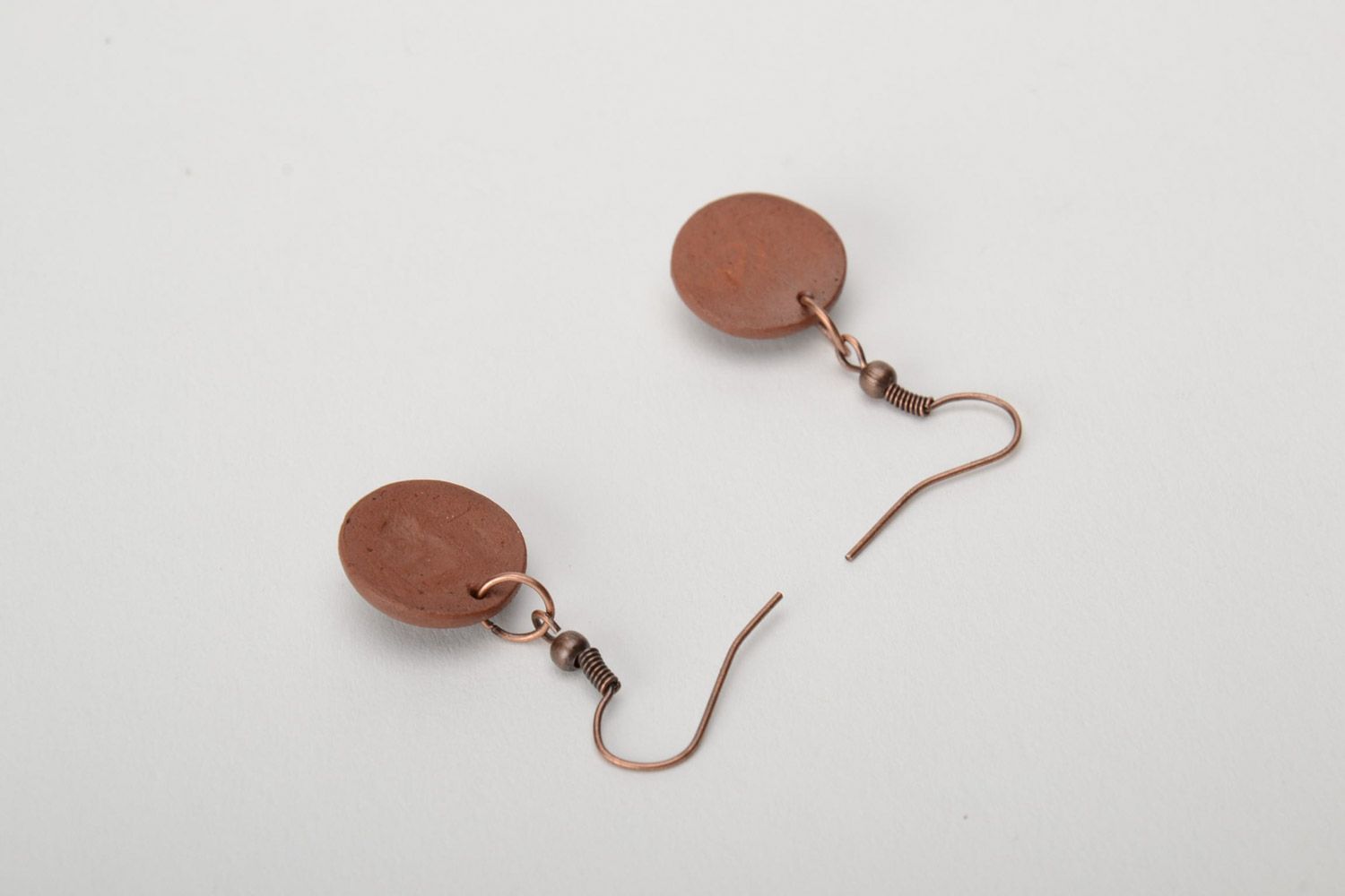 Tiny handmade dangle earrings molded of brown clay and painted with enamels photo 4