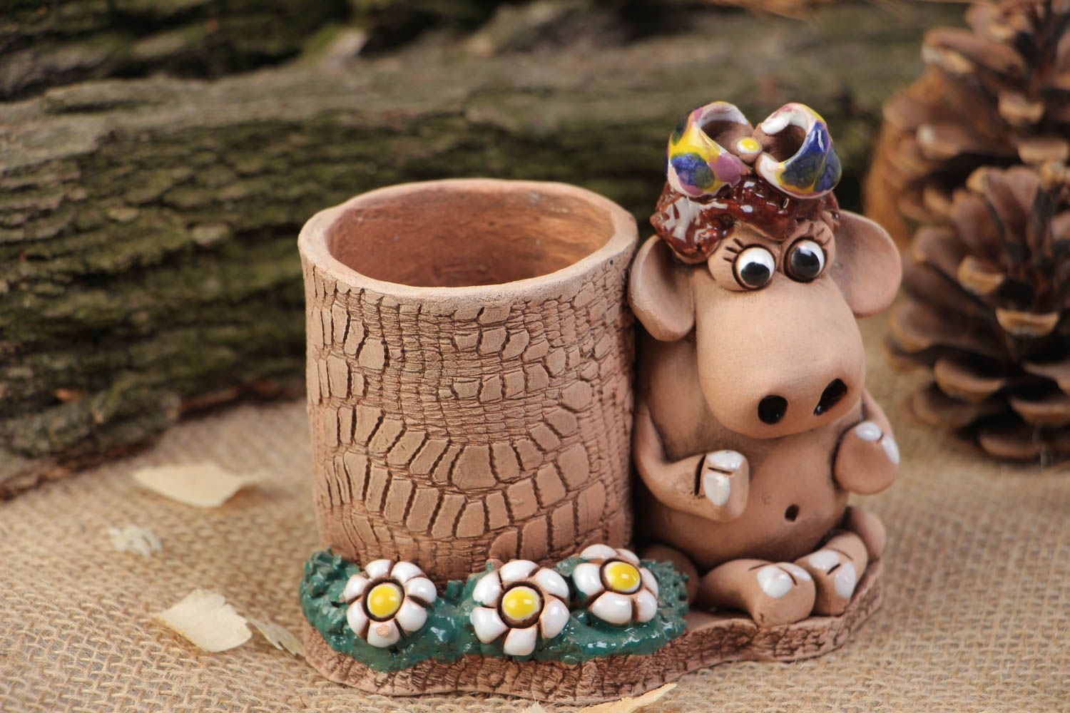 Handmade interior beautiful ceramic stand for pens and pencils with funny cow figurine photo 5